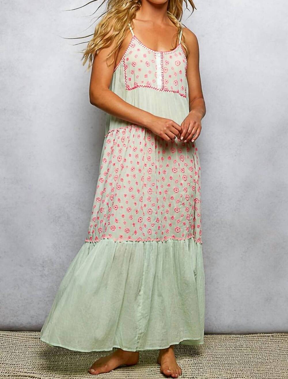 NEW POL tiered maxi dress in mint & hot pink